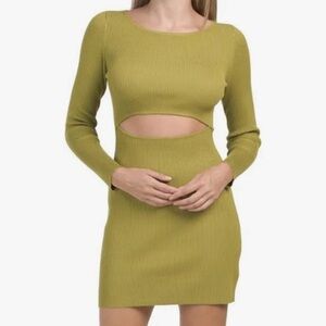 House of Harlow 1960 Green Cut-Out Mini Ribbed Dress Long Sleeve Bodycon Size S